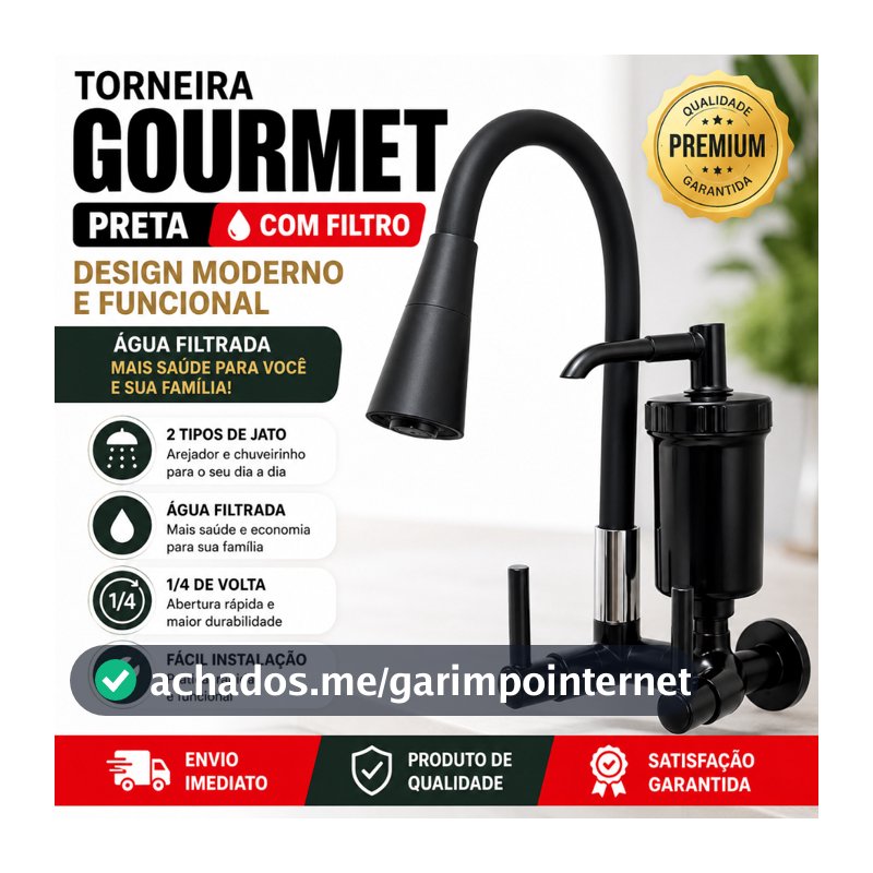 Torneira Gourmet Preta Com Filtro Parede 2 Jatos Flexível 1/4 Volta Cozinha ABS