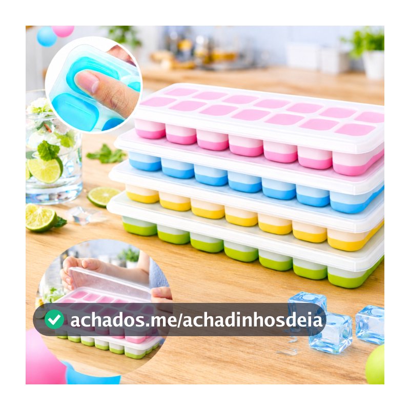 Kit 4 Formas de Gelo Silicone 14 Cubos com Tampa Rígida Fundo Flexível Desenforma Fácil Freezer