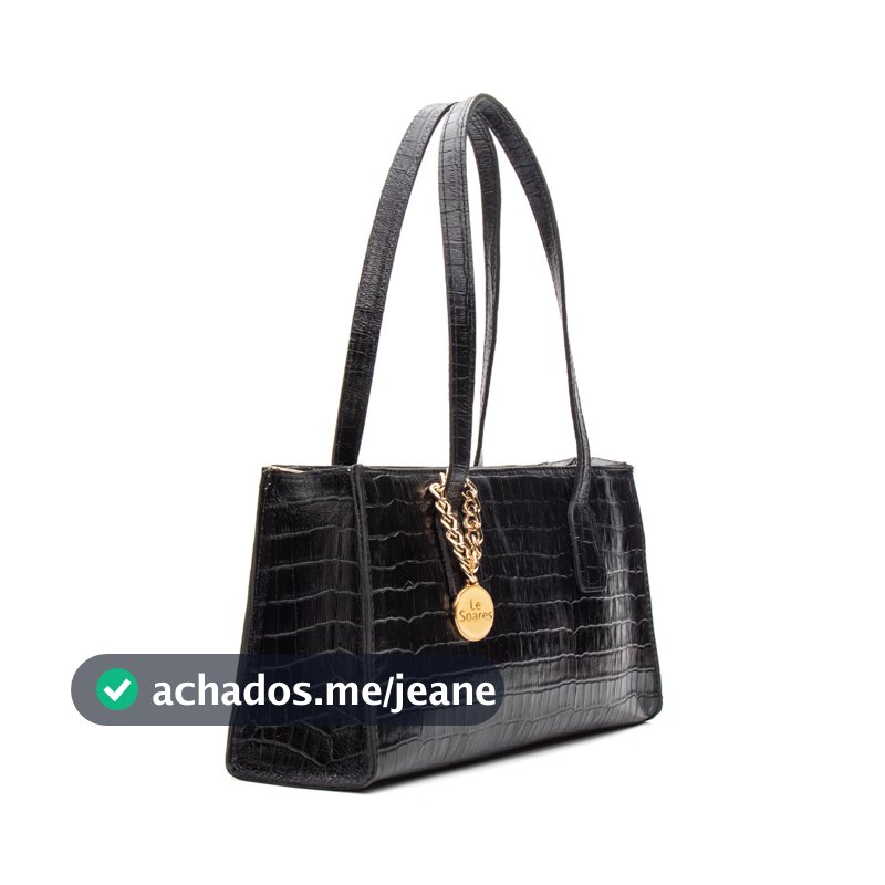 Bolsa Feminina Couro Legítimo Croco Preta Ombro Luxury Baguette Pingente Dourado Le Soares Original