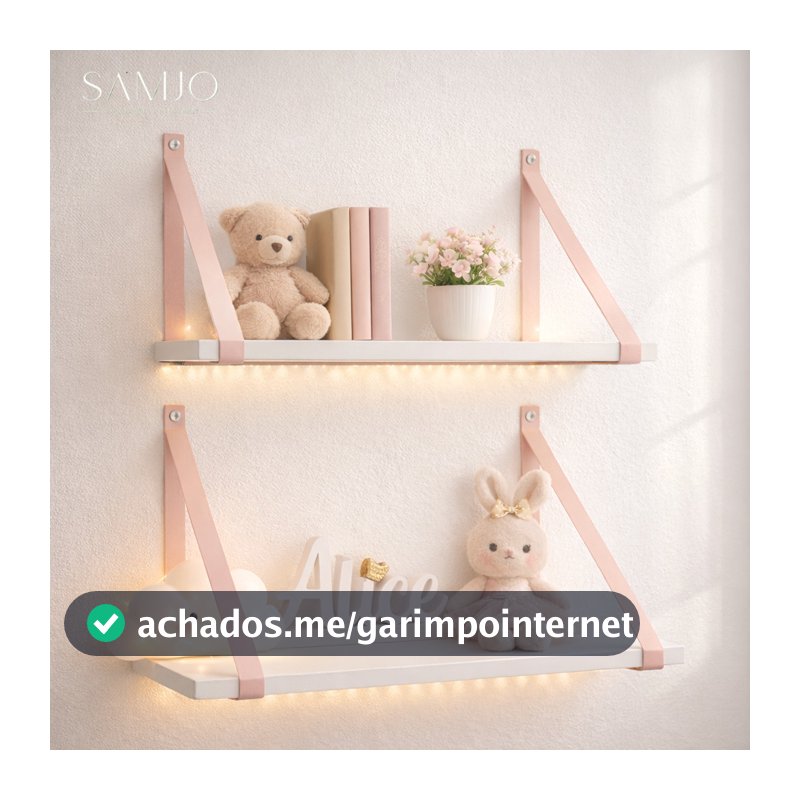 Kit Prateleira 45 x 15 – Kit com 2 Unidades, Alça em Couro Ecológico Rosa, Decoração, Quarto Bebê