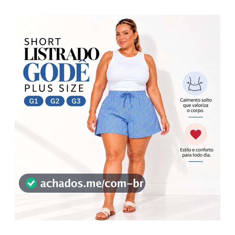 Short Listrado Feminino Godê Plus Size G1 G2 G3 Cintura Elástica