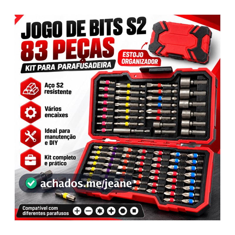 Kit 83 Peças de Pontas para Parafusadeira, Aço S2, Imantadas, Multicolorido