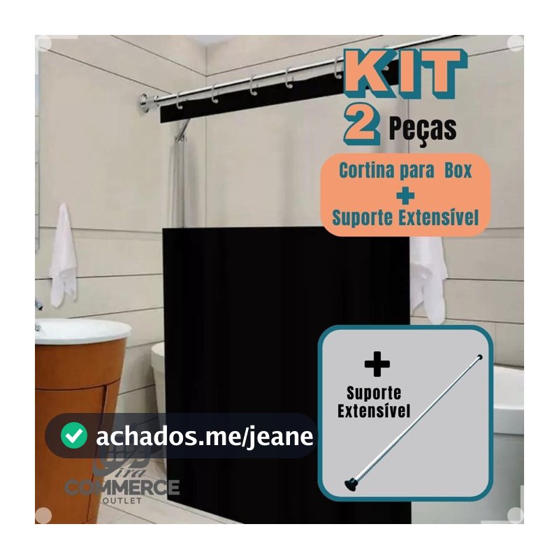 Kit Completo Cortina Box Banheiro com Visor – Lisa, Estampada Antimofo + Suporte de Cortina (varão)