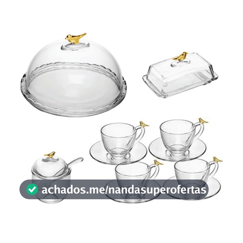 WOLFF - Kit Café 4 Xícaras com Pires + Queijeira + Açucareiro + Manteigueira Cristal - Golden Bird