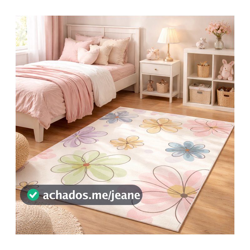 Tapete Decorativo Infantil 118x70cm Antiderrapante Sala, Quarto e Escritório Flores Rosa