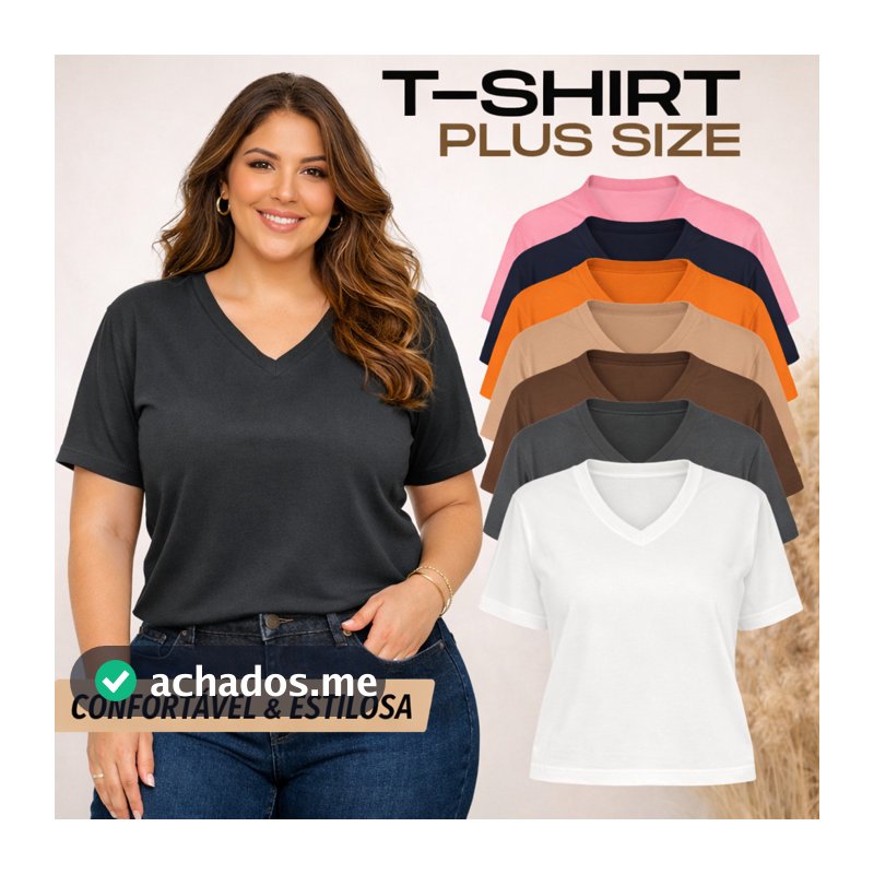Blusa Plus Size Feminina Gola V Camiseta Básica 100% Algodão