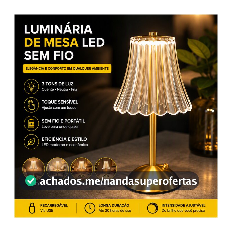 Luminária Abajur de Cabeceira Quarto LED Recarregável Touch Cúpula de Cristal Dourado Elegante Decoração Sala Luxo Fofa