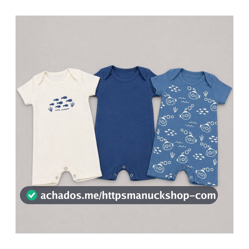 Kit 3 Romper Minimalista Macacão Infantil Liso Estampado Manga Curta