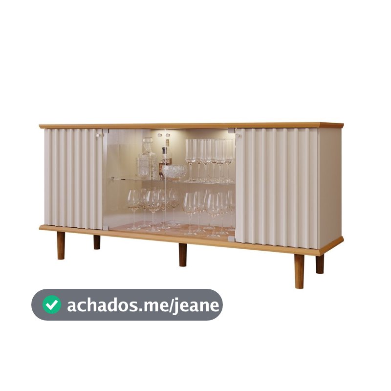 Aparador Buffet 2 Portas Ripada e 2 Vidro Temperado Led Pés Em Madeira Janice Cimol Nature/Off White