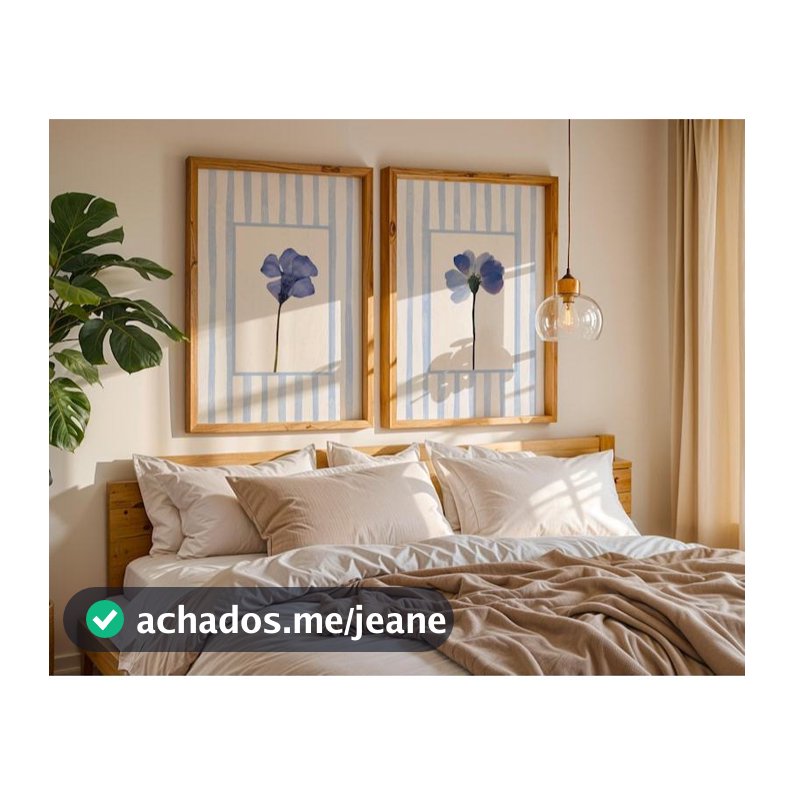 Kit 2 Quadros Arte Botânica de Flores Azuis Fundo Listrado