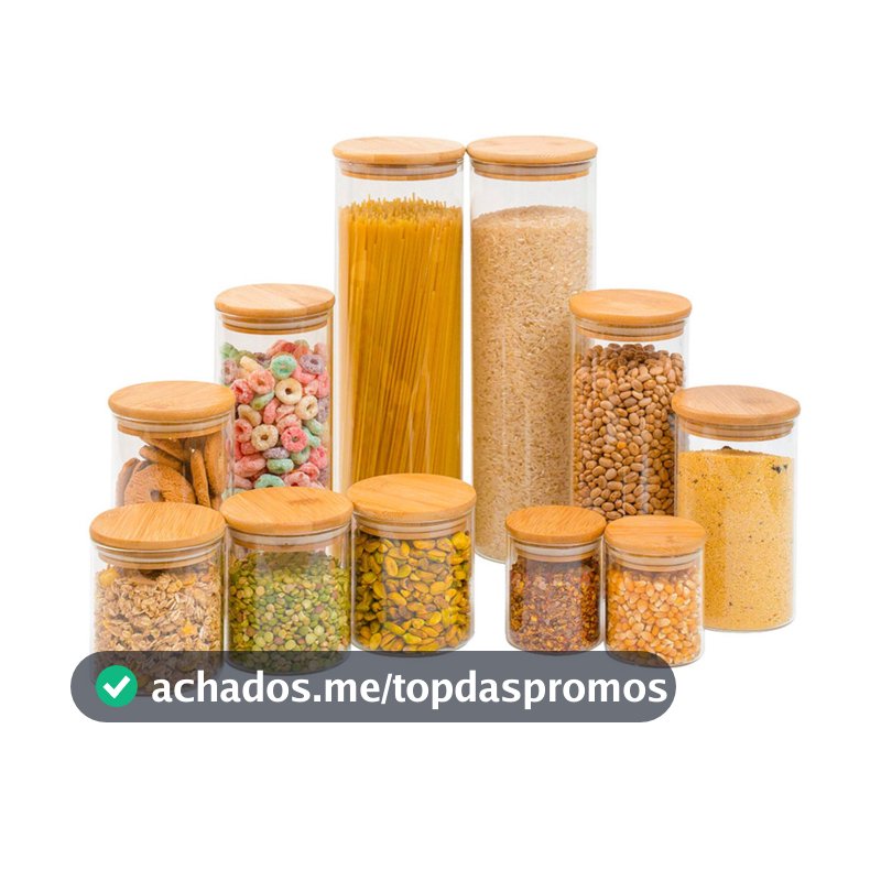 Kit 11 potes de vidro com tampa de bambu herméticos redondos - Tüd