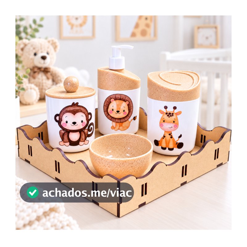 Kit Higiene Bebê Safari c/ Bandeja Quadrada Crua em MDF