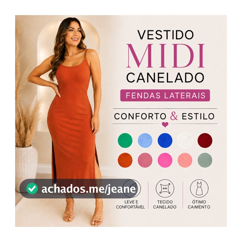 Vestido Midi Canelado Feminino Alça Fina Com Fenda Lateral Longo Casual Elegante |1149| Oferta