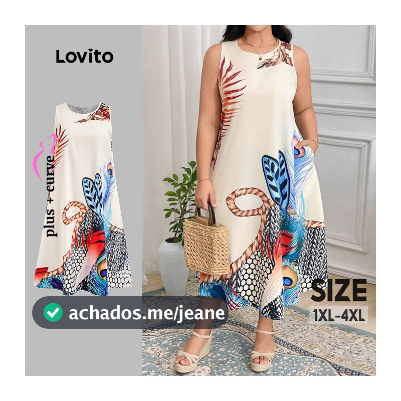Lovito Férias Vestido Plus Size curva com padrão de plantas para mulheres LBL22062