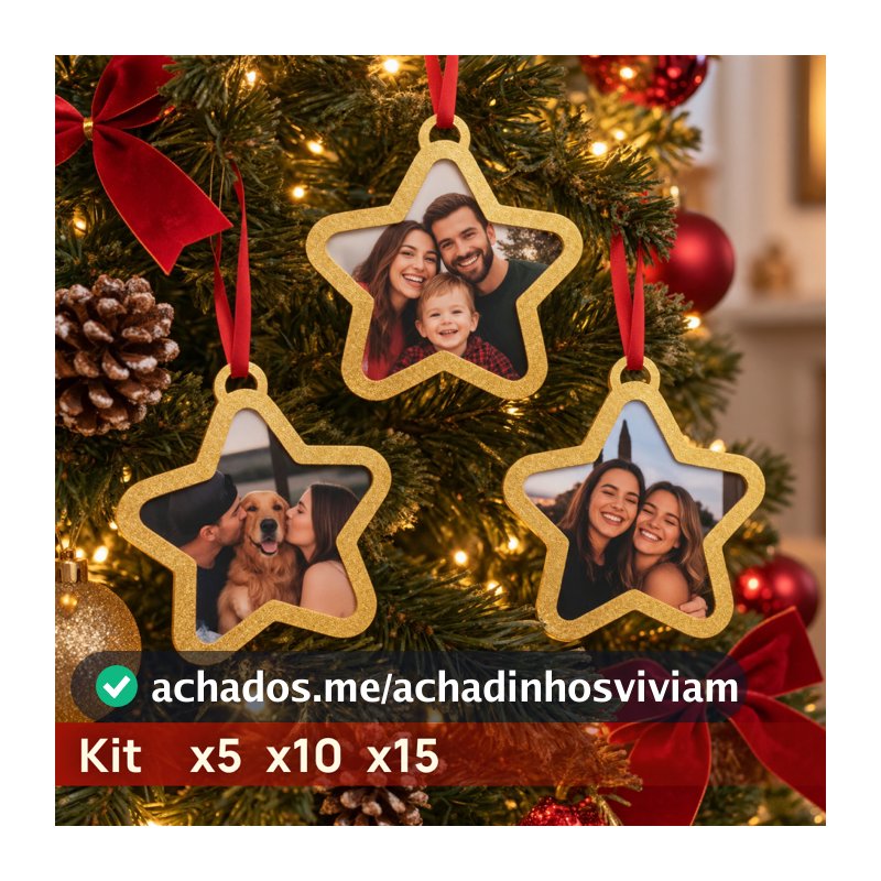 Kit enfeites para árvore de natal estrela porta foto natalino 5 10 15 | Com correntinhas | Sem fotos