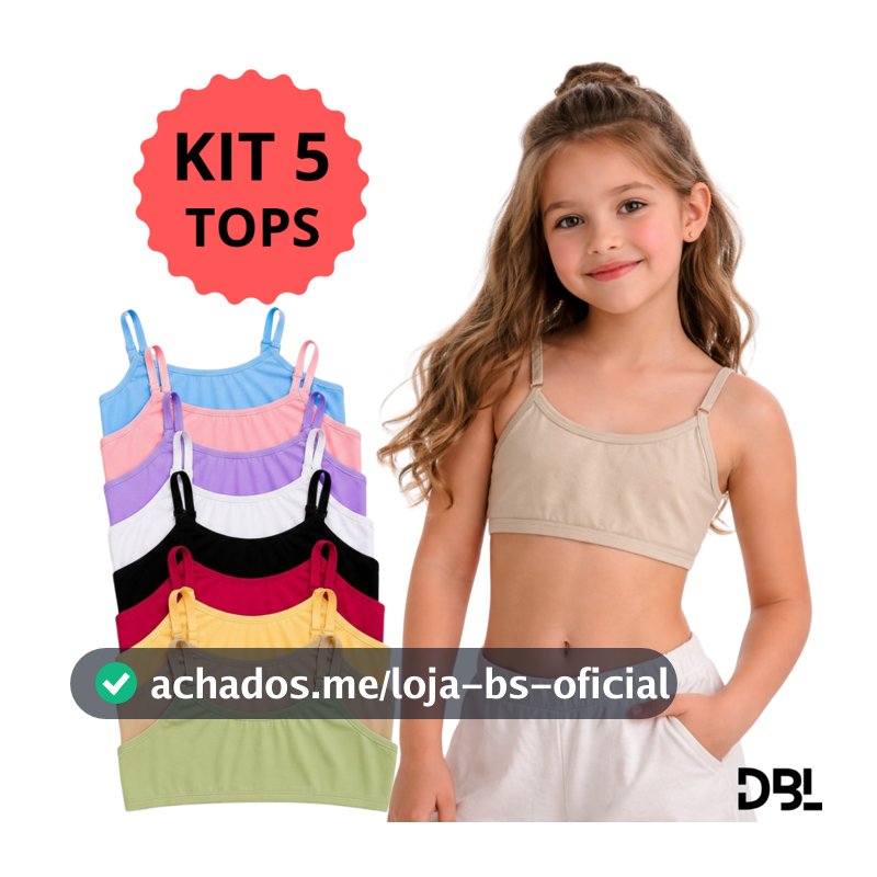 Kit 5 Top Infantil Juvenil Teen Menina Algodão Sutia Sem Bojo Alça Ajustavel Básico Usar Uniforme