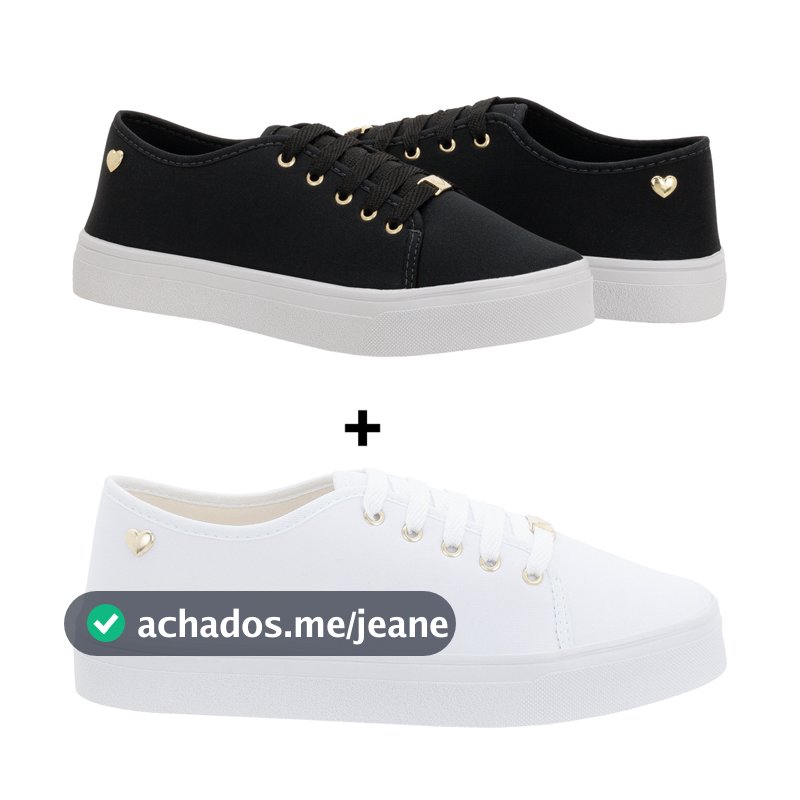 Kit 2 Tênis Feminino  Branco Preto Ping Coração Casual Confortável