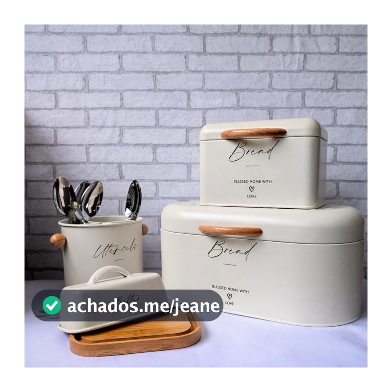 Porta Pão / Manteigueira e porta talheres em metal com Bambu Branco Vintage
