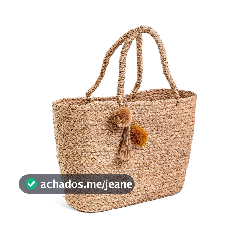 Bolsa de Fibra Alça em Palha com Pompom