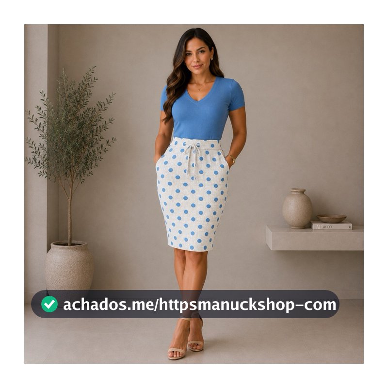 Saia Feminina moda evangélica casual listrada,bolinha,folha com bolsos malha crepe lápis secretaria cintura alta M ao GG
