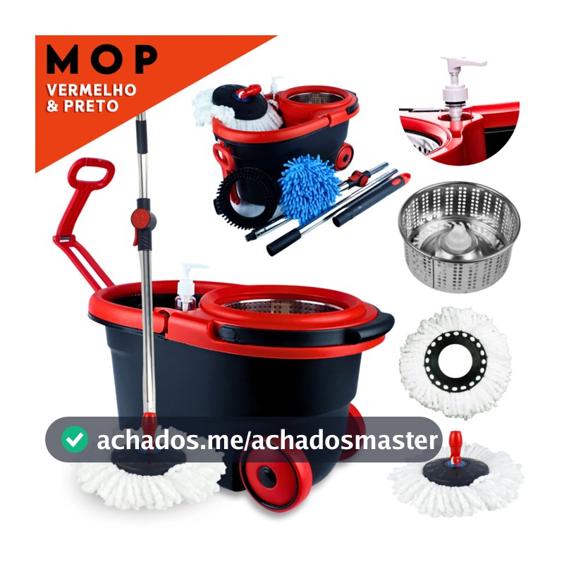 Mop Giratório Com Cesto Em Inox - Cabo 150cm - Completo - Vermelho - Aviv