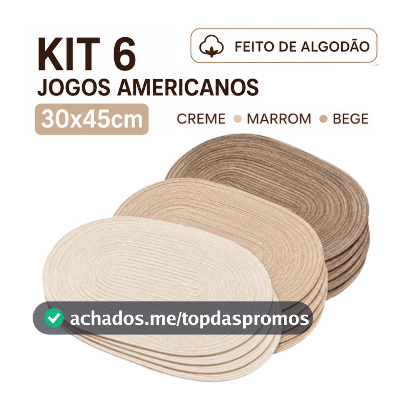 Conjunto 6 Peças Jogo Americano 45X30CM Pratico Para Mesa Oval Algodão Descanso Para Pratos