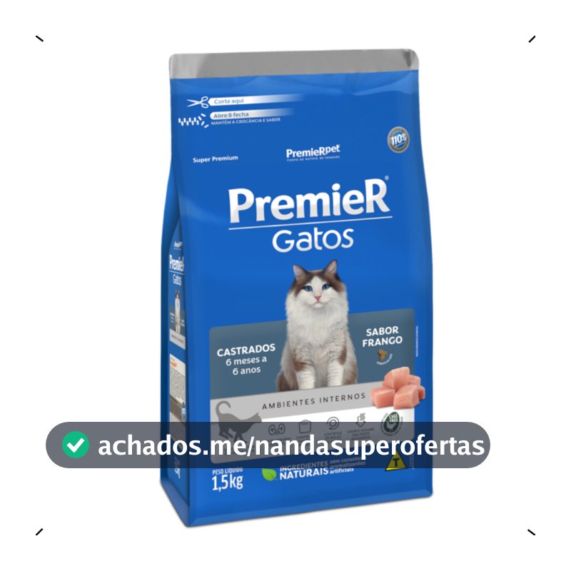 RAÇÃO PREMIER AMBIENTES INTERNOS GATO CASTRADO FRANGO 7,5KG