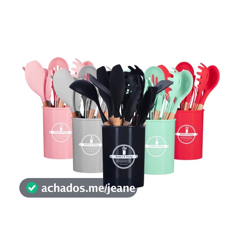 Kit de cozinha com 5/12 peças de silicone, talheres e copos, rack de cozinha com alça de madeira