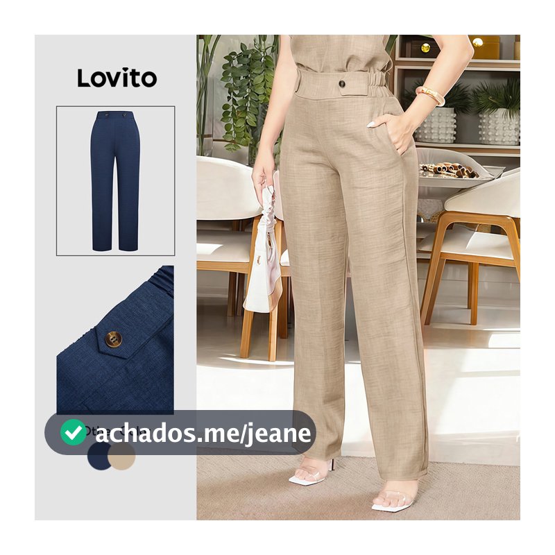 Lovito Cintura Alta Elegante Calças plissadas primavera/verão calças cáqui para mulheres L176LD105