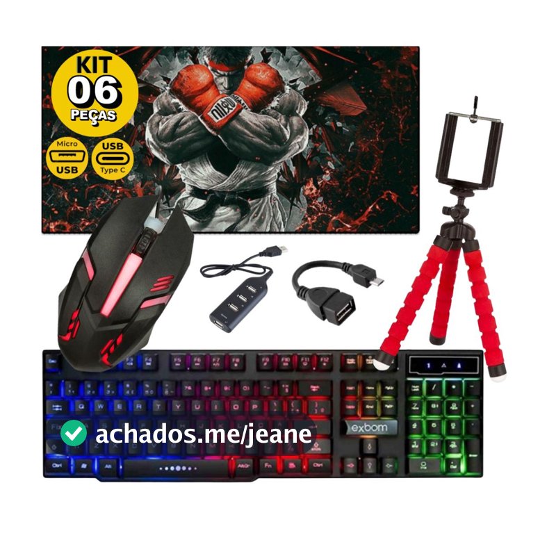 Kit Mobilador Gamer Para Celular Com Teclado Mouse Tripé , hub e Adaptador C ou V8 Free Fire