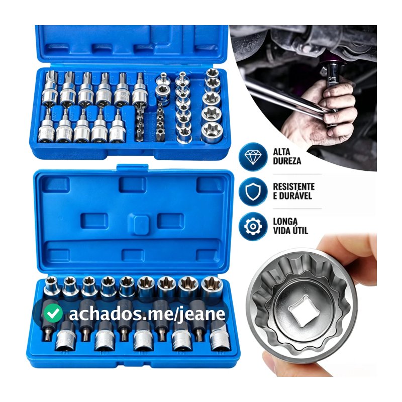 19/34 Peças Jogo Soquetes Torx Macho Fêmea Aço Cromo Vanádio Cr-V, Encaixe 3/8" e 1/2", Maleta para Mecânica Automotiva