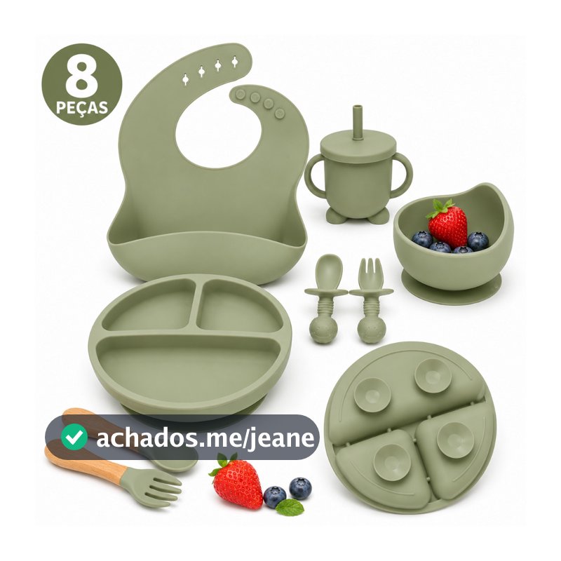 Kit Refeição Bebê Silicone 8 Peças Prato com Ventosa Babador Copo Colher Garfo