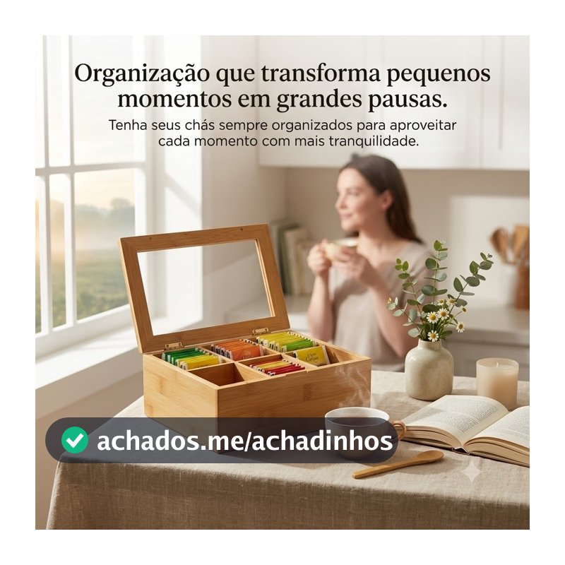 Organizador Porta Chá Sachê Bambu  Ou Mdf Madeira Caixa Decorativa Bijuterias 6 Divisórias Especiarias
