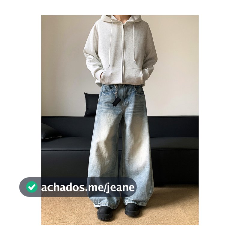 Estilo americano lavado calças de brim de perna larga masculino Street Wear cleanfit solto calças de perna reta rufião b