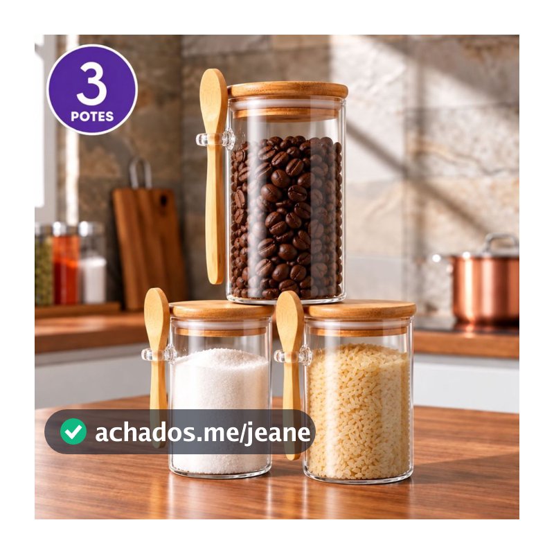 Pote/Colher de Vidro com Tampa de Bambu Hermético Colher 900ml Porta Mantimentos Temperos Saleiro