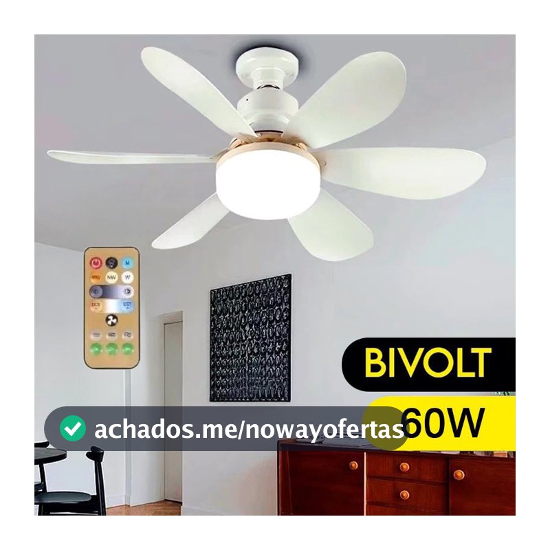 Ventilador de Teto com Lampada LED Integrada Bocal E27 6 Pétalas 60w 3 Velocidades C Controle Remoto