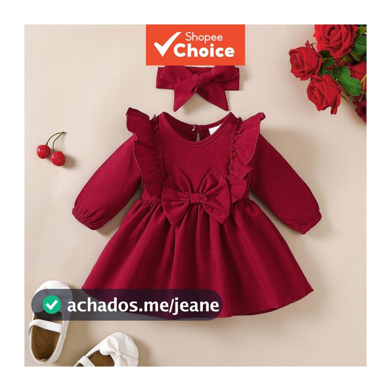 Vestido De Princesa Para Bebês Meninas , Mangas Compridas Com Laço , Faixa De Cabeça , Feriado De Ano Novo , 1 A 18 Mese