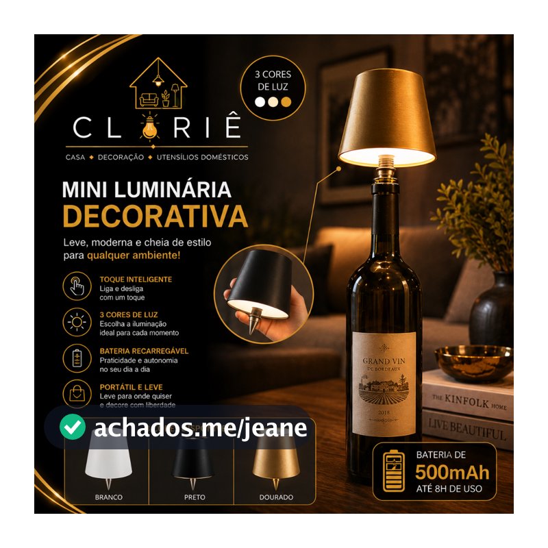 Abajur Portátil LED com Bico para Garrafa Luminária Recarregável USB, Toque Touch, Decorativa para Mesa e Bar