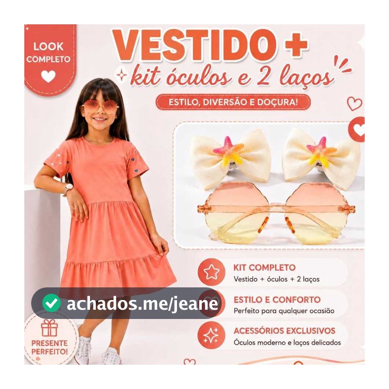 Vestido infantil + Kit Óculos e 2 Laços Vestido infantil menina algodão 2 ao 10 anos modelo 3 Marias
