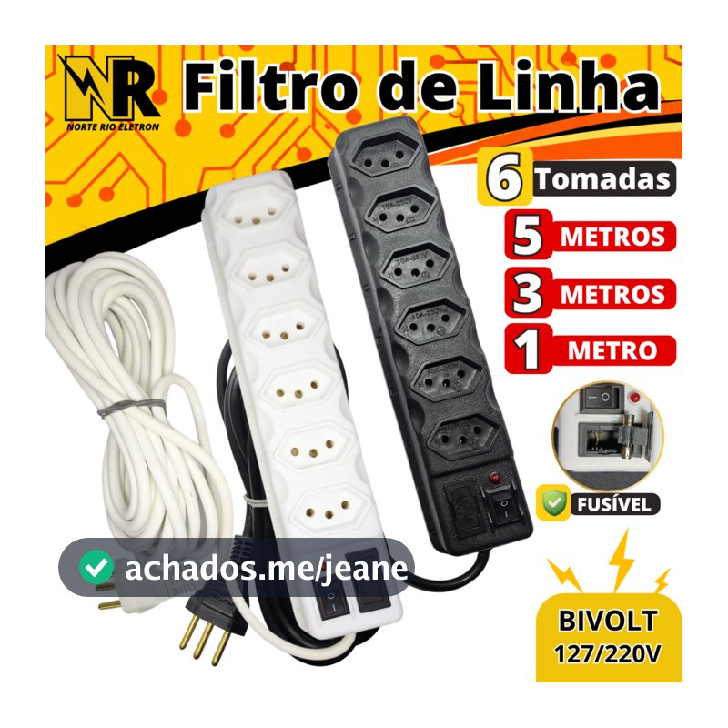 Régua de tomadas com 6 tomadas 0,90cm, 3 e 5 METROS filtro de linha PRETO E BRANCO bivolt proteção