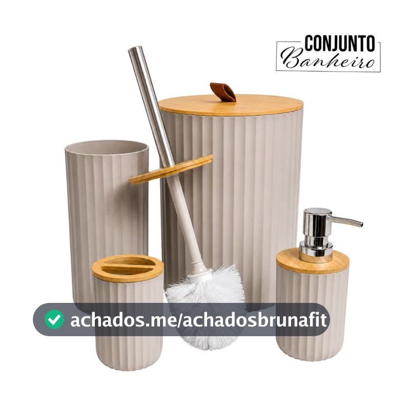 Kit Banheiro Lavabo 4 Peças Lixeira 6,5L PVC Tampa de Bambu Porta Escovas Dispenser Escova Sanitária