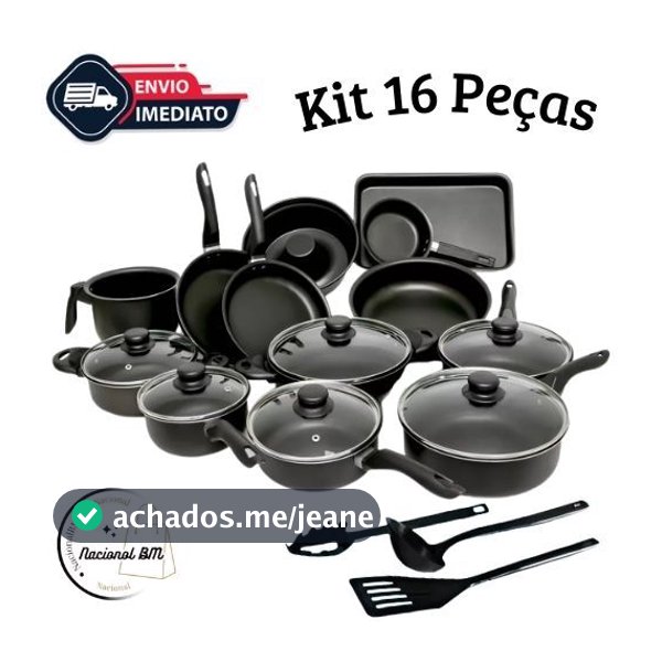 Conjunto de Panelas 16 Peças Preto Antiaderente com Teflon e Tampas de Vidro – Diversas Cores