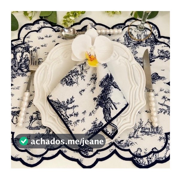 Kit Jogo Americano Toile de Jouy Azul-Marinho Bordado + Guardanapo Bordado | Tecido Jacquard Semi-Impermeável