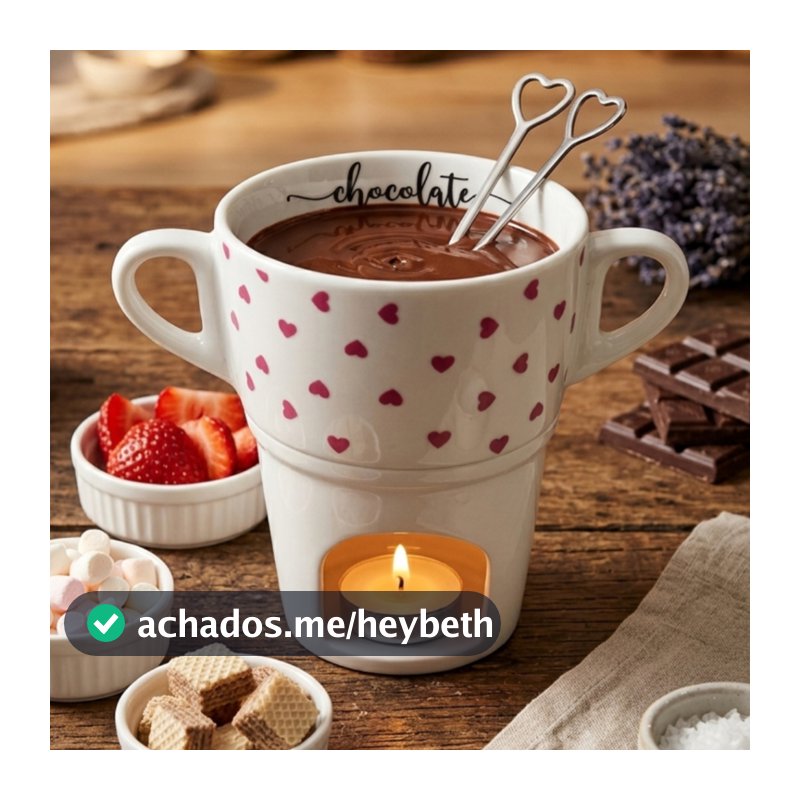 Caneca Fondue 250ml Porcelana Decorada Alça Chocolate Queijo Sobremesa Mesa Posta Presente Natal