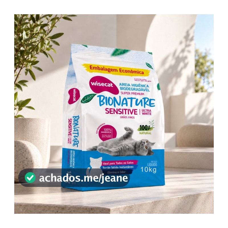 Areia Sanitária de Mandioca Wisecat para Gatos Grãos Finos Sensitive Bionature Biodegradável 10kg