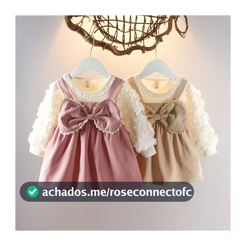 Primavera E Outono Novo Vestido Falso De Duas Peças De Manga Comprida Para Bebês Meninas , Roupas Infantis Com Laço Doce (6-24 Meses)