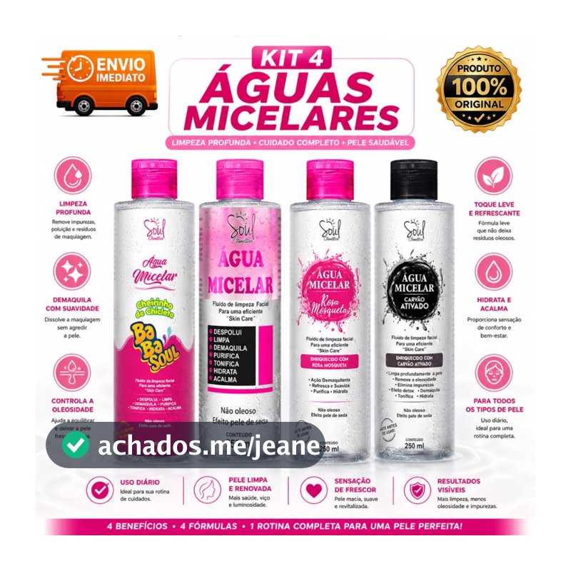 KIT 4 ÀGUA MICELAR  250 ml LIMPEZA COMPLETA ,SKIN CARE, ANTI OLIOSIDADE, TONIFICA HIDRATA A PELE, REMOVEDOR DE MAQUIAGEM