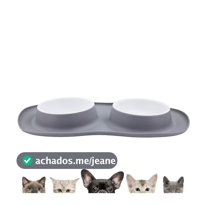 Comedor Duplo de Silicone para Ração e Água em Cinza