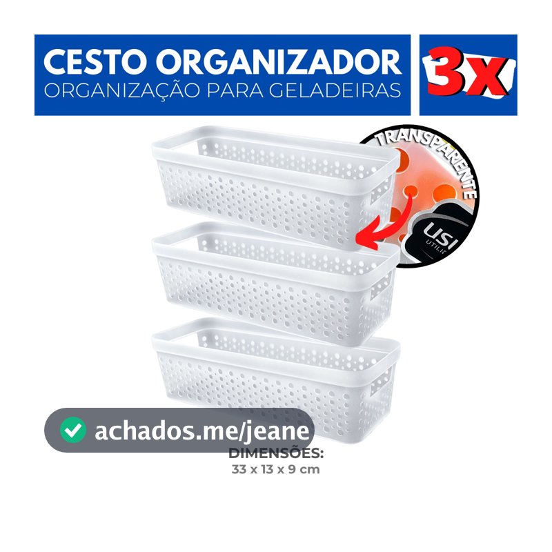 Kit 3 Organizador Geladeira Cesto Transparente Cozinha 3 L