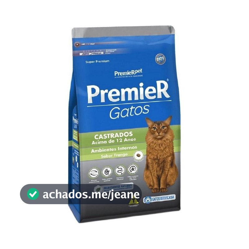 Ração para Ambientes Internos Gatos Adultos Castrados Acima 12 Anos Frango Premier 0,5Kg